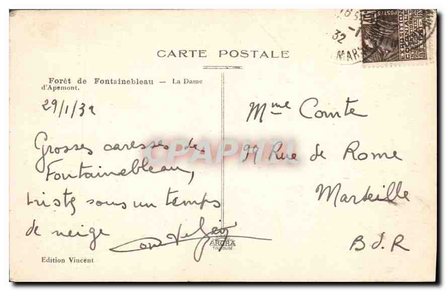 Forêt de Fontainebleau — La Dame d'Apemont — Édition Vincent — Verso