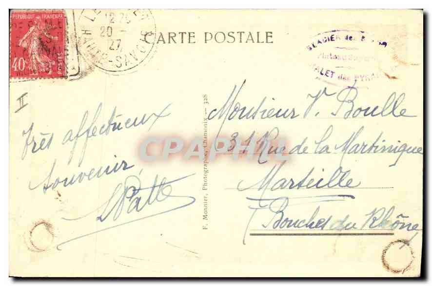 Chamonix — Pavillon des Pyramides (1899 m.) et Aiguilles du Midi — Photo Monnier — Verso