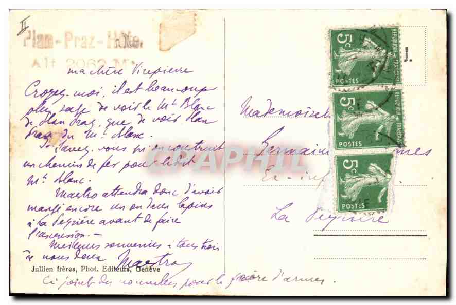 CPA Chamonix Plan Praz et la Chaine des Aiguilles — Verso