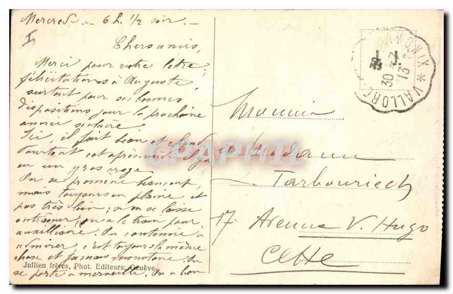 Monument de Saussure et le Mont-Blanc à Chamonix — J.J. 1280 — Julien frères, Phot. Editeurs, Genève — Back