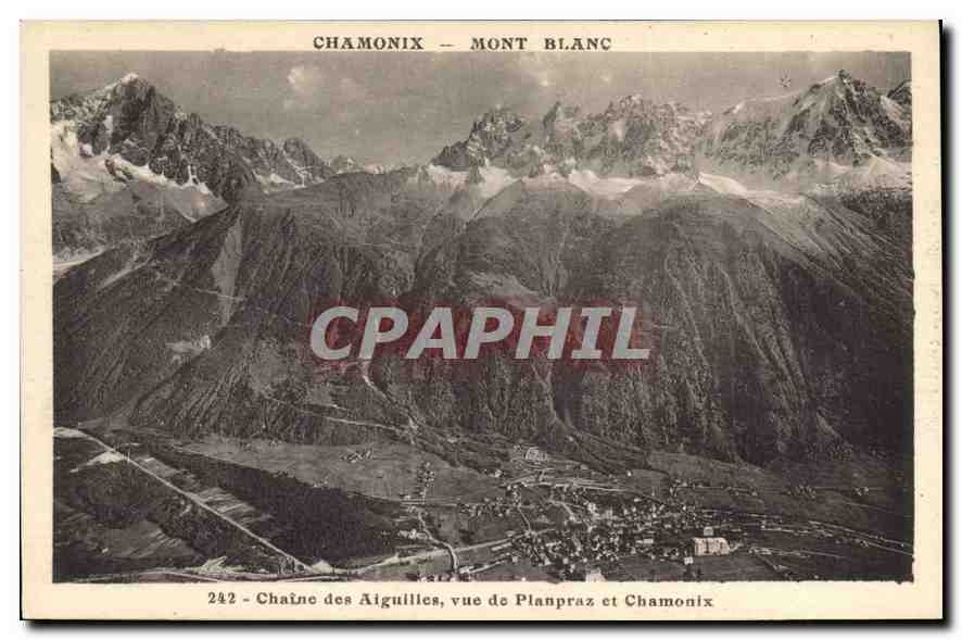 Chamonix - Mont Blanc — Chaîne des Aiguilles, vue de Planpraz et Chamonix — Aug. Couttet, phot.-éditeur, Chamonix