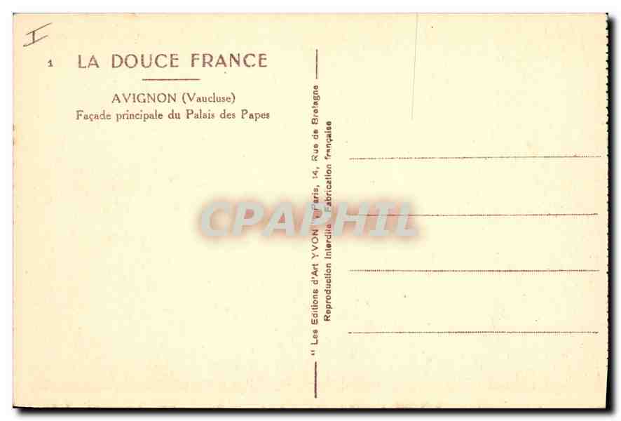 Avignon — Façade principale du Palais des Papes — Les Éditions d'Art YVON, Paris — Rückseite