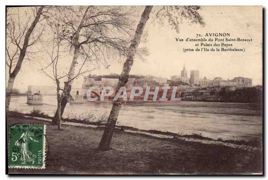Avignon — Vue d'ensemble du Pont Saint-Bénézet et Palais des Papes (prise de l'île de la Barthelasse) — Éditeur non visible, n° de série 72