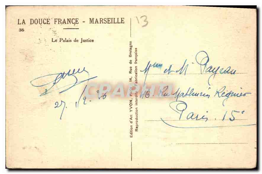 CPA Marseille le Palais de Justice  — Verso