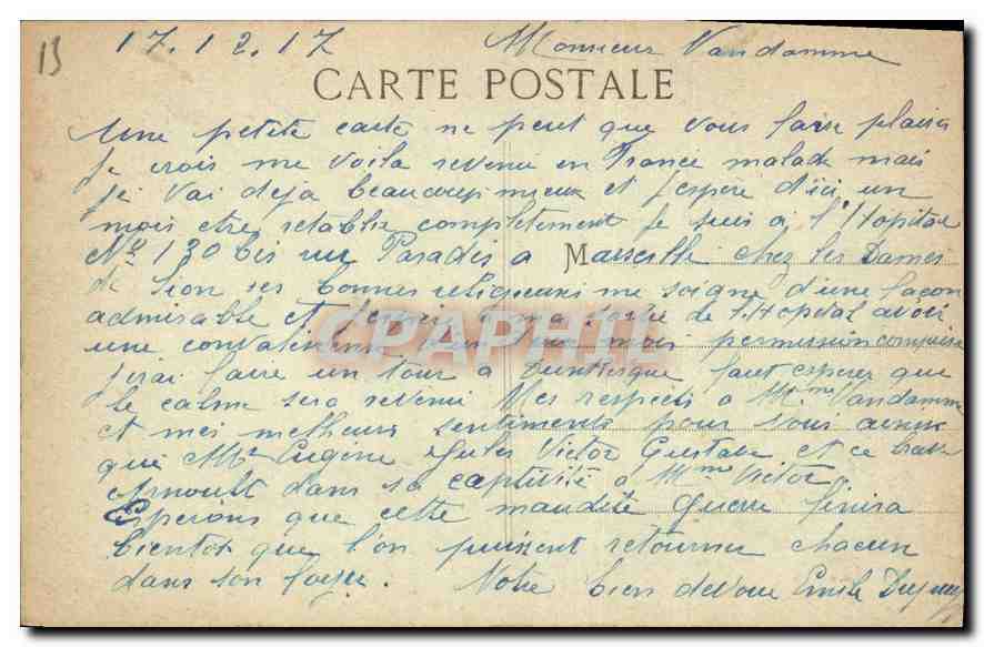 CPA Marseille la Prefecture  — Verso