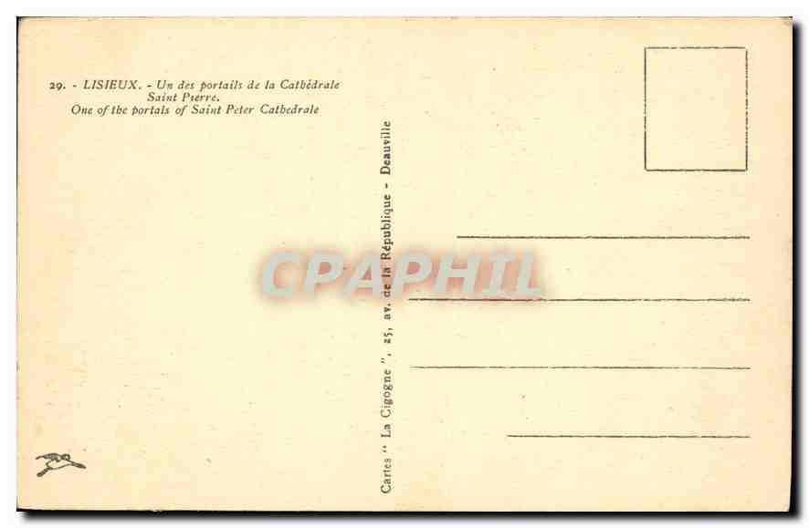 Lisieux — Un des portails de la Cathédrale Saint-Pierre — Cartes 'La Cigogne', 25, av. de la République, Deauville — Verso
