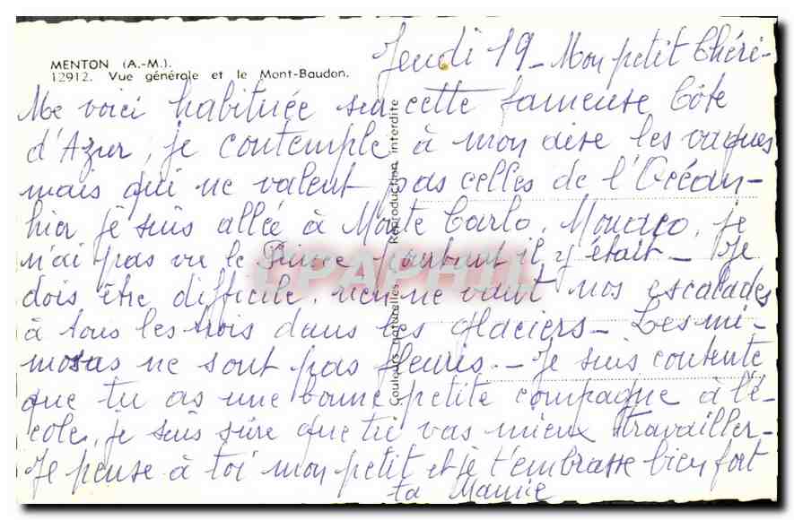 CPA Menton A M vue generale et le Mont Baudon  — Rückseite