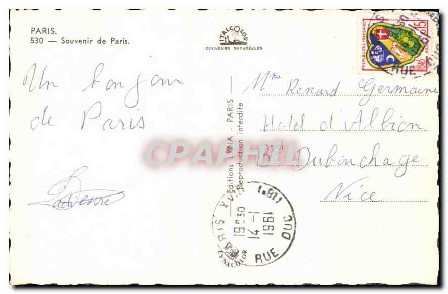 CPA Paris souvenir de Paris Tour Eiffel Sacre Cœur Notre Dame Opera Arc de Triomphe — Verso