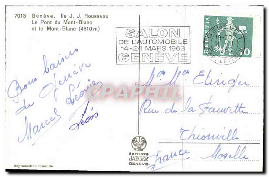 CPA Geneve Ile J J Rousseau Le pont du Mont Blanc et le mont Blanc  — Verso