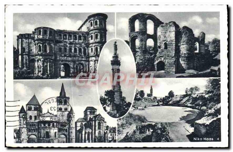 CPA Trier Porta nigra Kaiserthermen Dom end Liebfrauen Basilika Amphitheater Mariensaule 