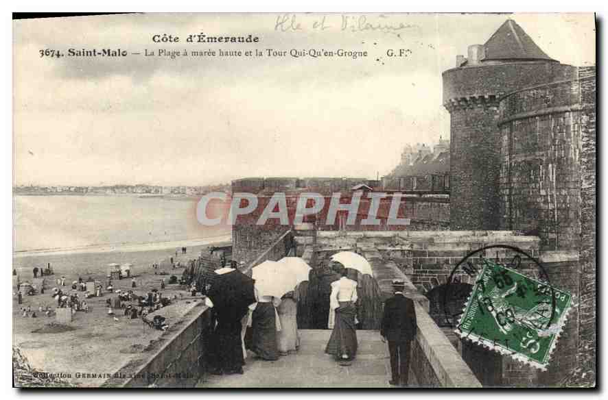 Saint-Malo — La Plage à marée haute et la Tour Qui-Qu'en-Grogne — G.F. — Collection Germain