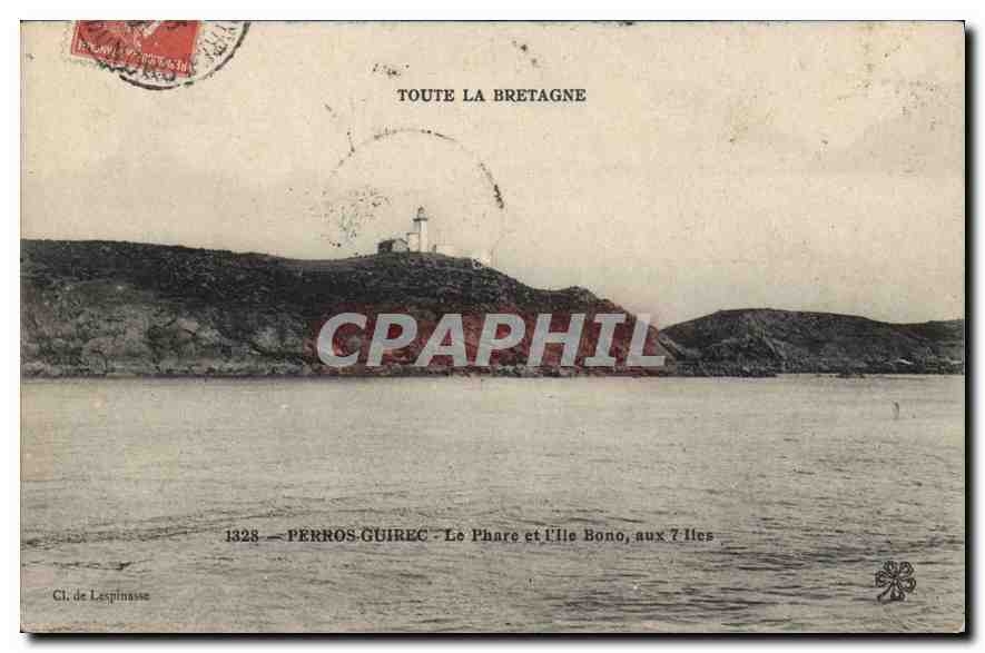 Perros-Guirec — Le Phare et l'Île Bono, aux 7 Îles — Cl. de Lespinasse, n°1328