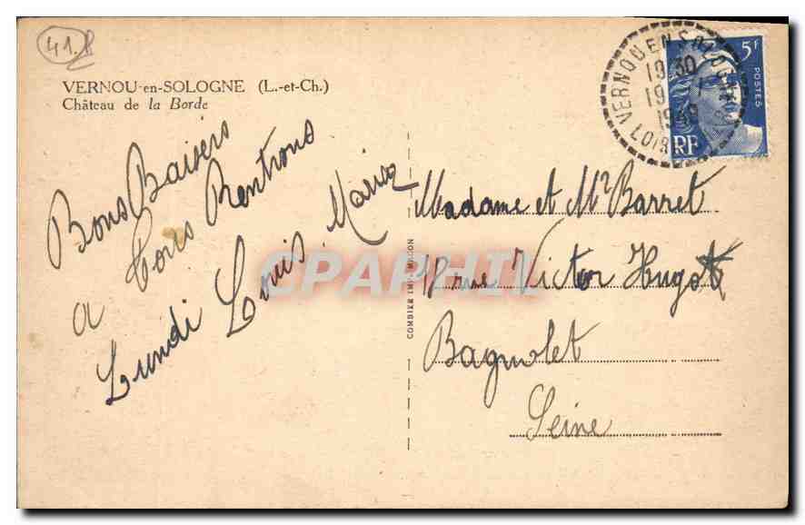 CPA Vernou en Sologne L et Ch Chateau de la Borde  — Rückseite