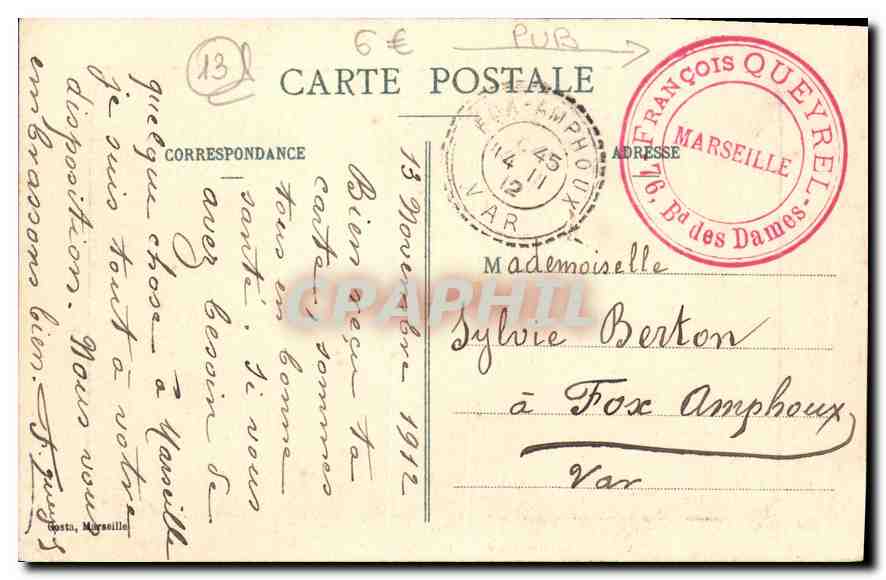 CPA Marseille Les Reformes et Monument des Mobiles  — Verso