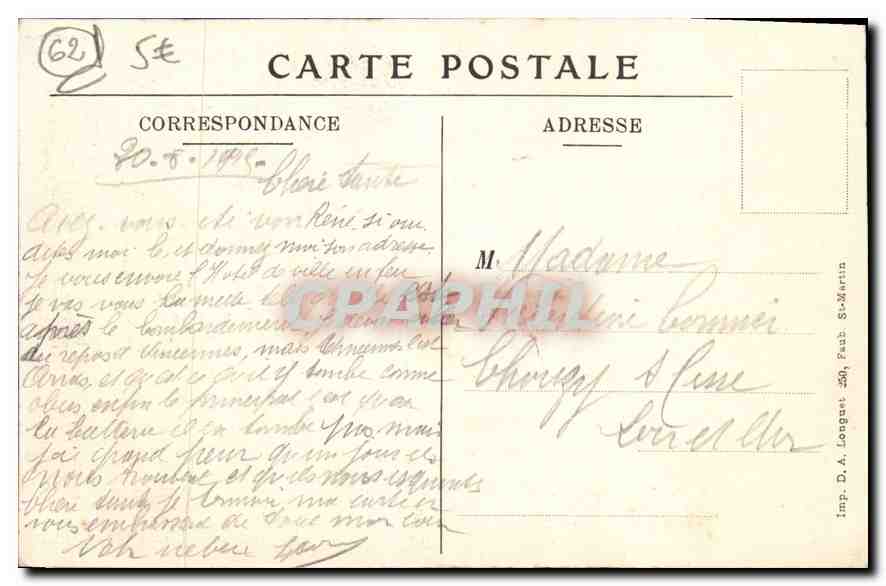 CPA Arras P de G Guerre 1914-1915 L'Hotel de Ville et le Beffroi  — Rückseite