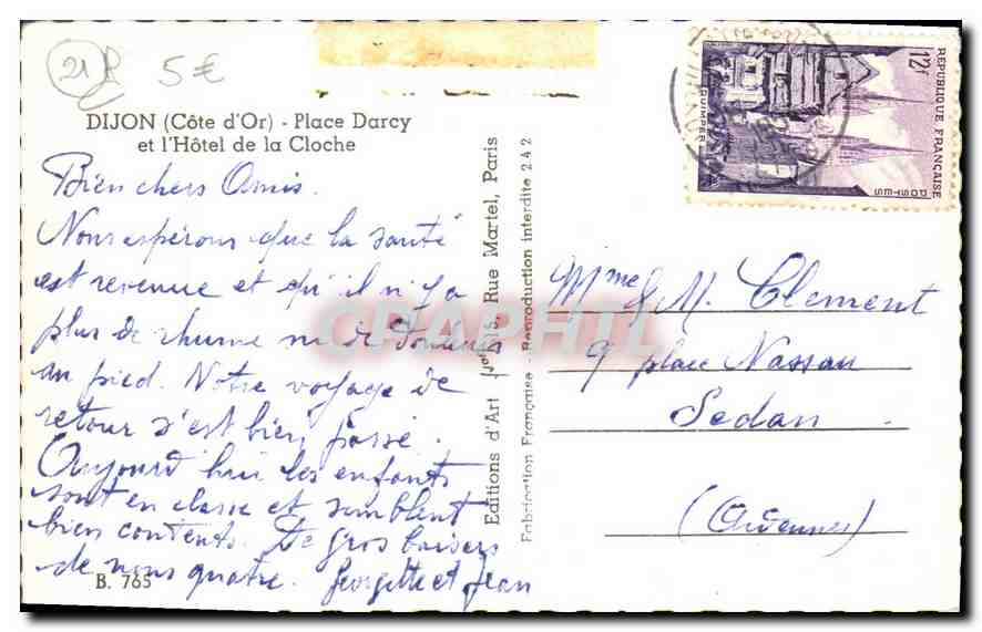 CPM Dijon Cote d'Or Place Darcy et l'Hotel de la Cloche Automobile — Verso
