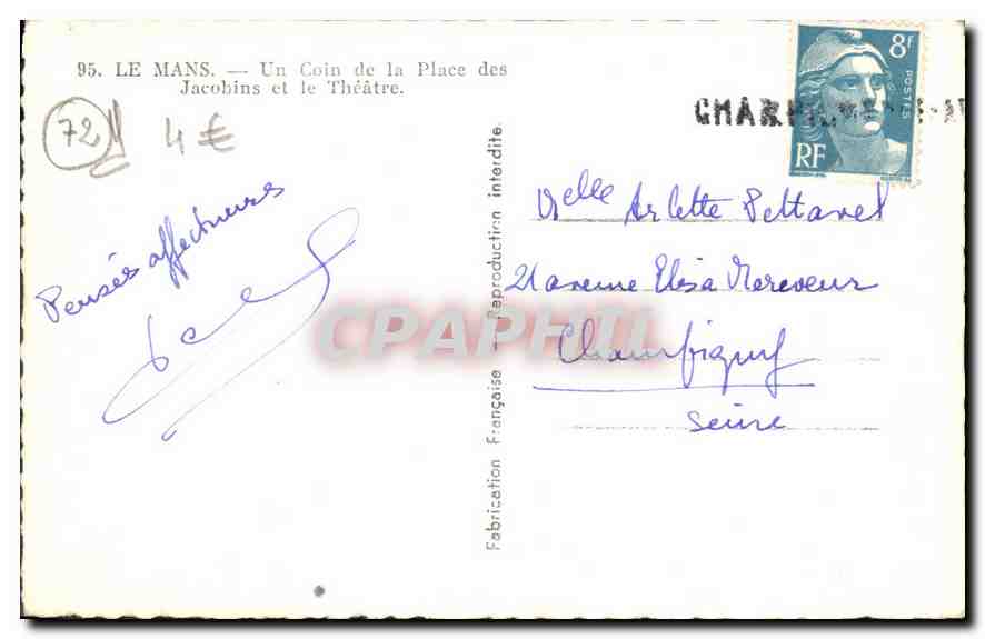 CPA Le Mans Un Coin de la Place des Jacobins et le Theatre  — Rückseite