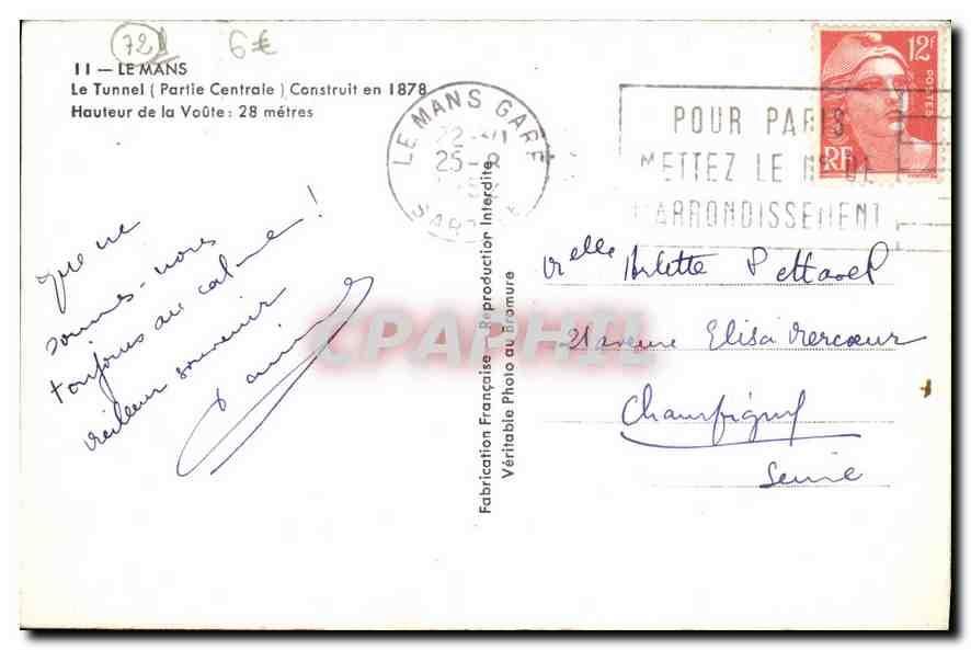 CPA Le Mans Le Tunnel Partie Centrale Construit en 1878  — Verso