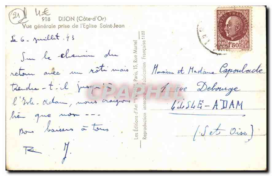 CPA Dijon Cote d'Or Vue generale prise de l'Eglise Saint Jean  — Rückseite