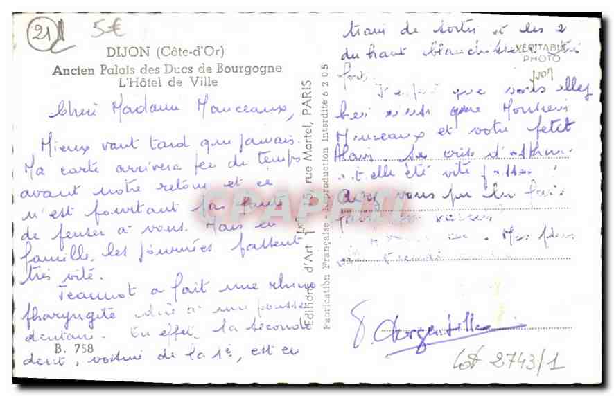 CPA Dijon Cote d'Or Ancien Palais des Ducs de Bourgogne l'Hotel de Ville  — Rückseite