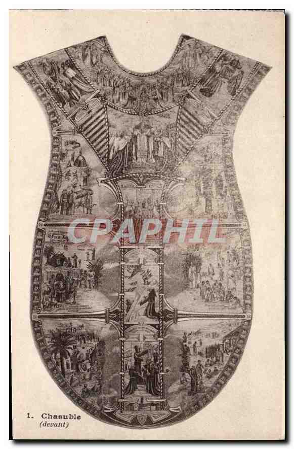 Chasuble (vorderseite) — Detail einer kunstvoll verzierten Chasuble mit biblischen Szenen — Verlag nicht sichtbar - Vorderseite