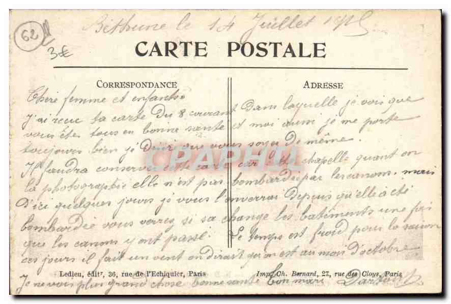 CPA Guerre 1914 1915 ND de Lorette P de C La Chapelle  — Verso