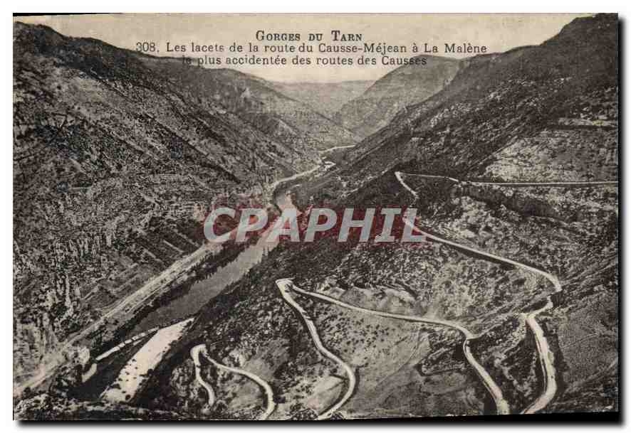 Gorges du Tarn — Les lacets de la route du Causse-Méjean à La Malène, la plus accidentée des routes des Causses — n° 308