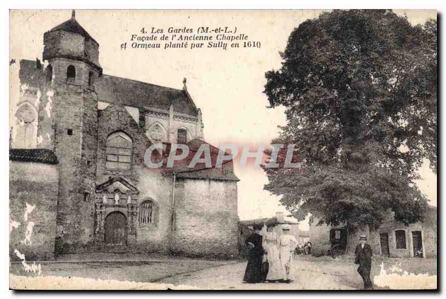 Les Gardes (M.-et-L.) — Façade de l'Ancienne Chapelle et Ormeau planté par Sully en 1610
