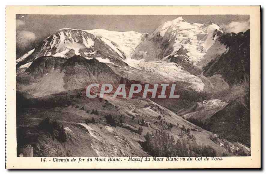Massif du Mont Blanc vu du Col de Voza — Chemin de fer du Mont Blanc — J. Rosnollet, édit., Annemasse (Ite-Savoie)