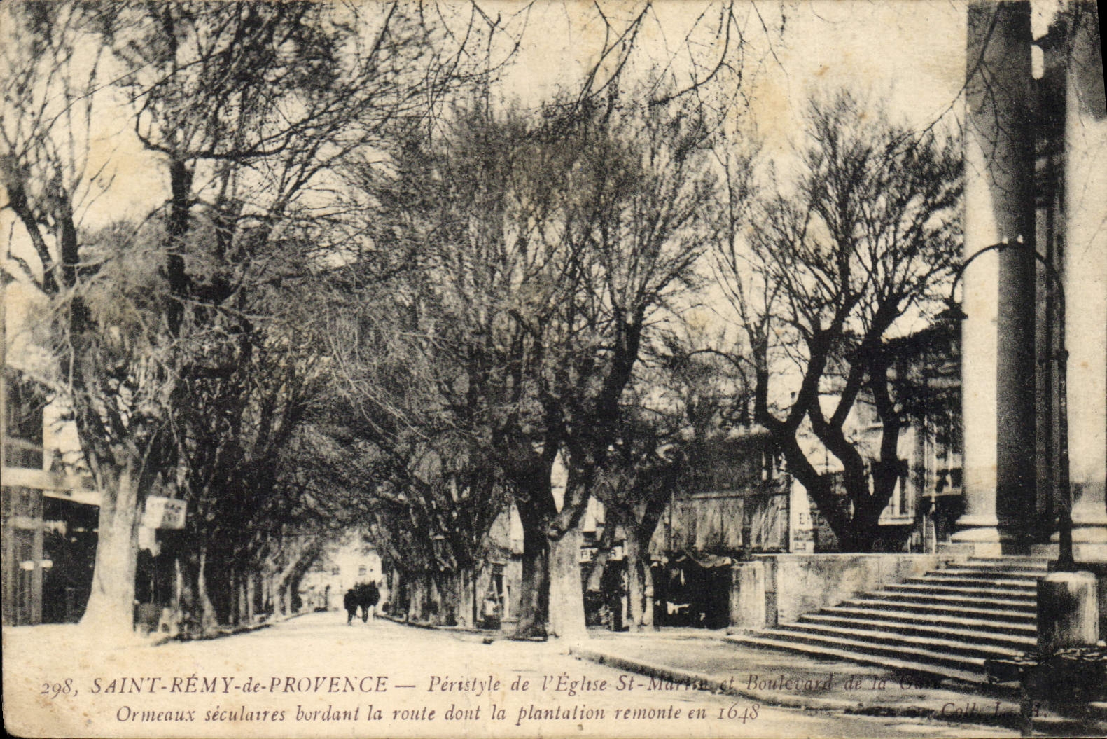 SAINT-RÉMY-de-PROVENCE — Péristyle de l'Église St-Martin et Boulevard de la Gare — Ormeaux séculaires bordant la route dont la plantation remonte en 1648