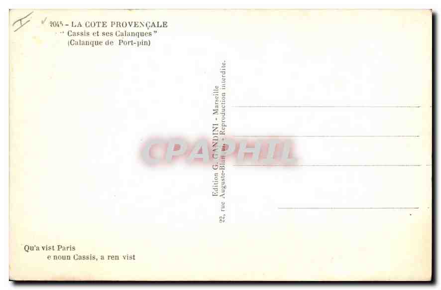 Cassis - Calanque de Port-pin — Édition Auguste-Blindini, Marseille — Verso