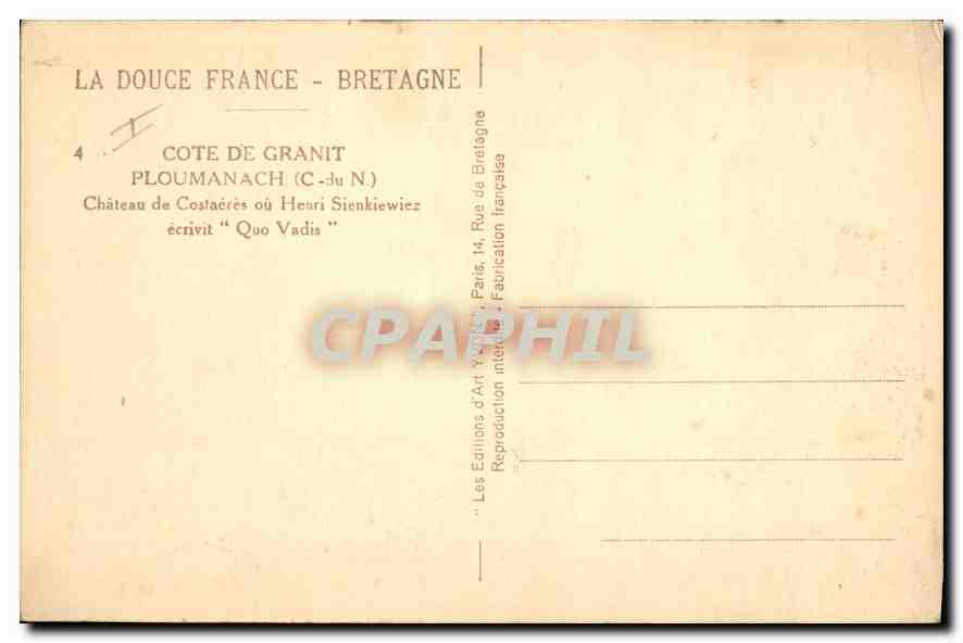 Château de Costacères — Ploumanach (Côte de Granit) — Les Éditions d'Art Yvon, Paris — Verso