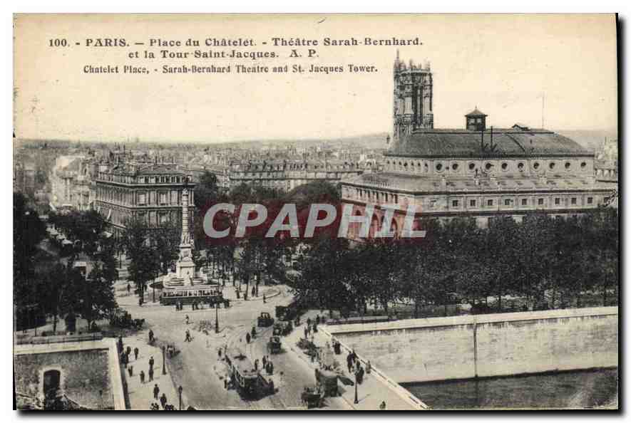 CPA Paris Place du Chatelet Theatre Sarah Bernard et la Tour Saint Jacques 