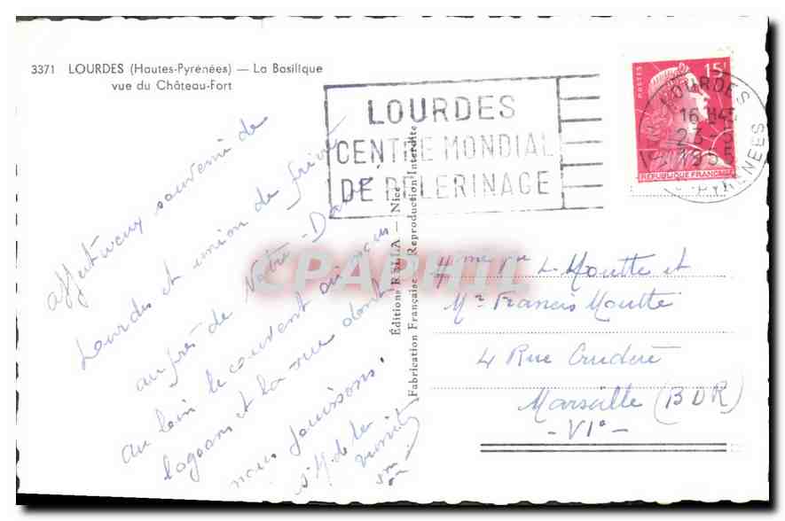 CPA Lourdes Hautes Pyrenees La Basilique vue du Chateau Fort  — Verso