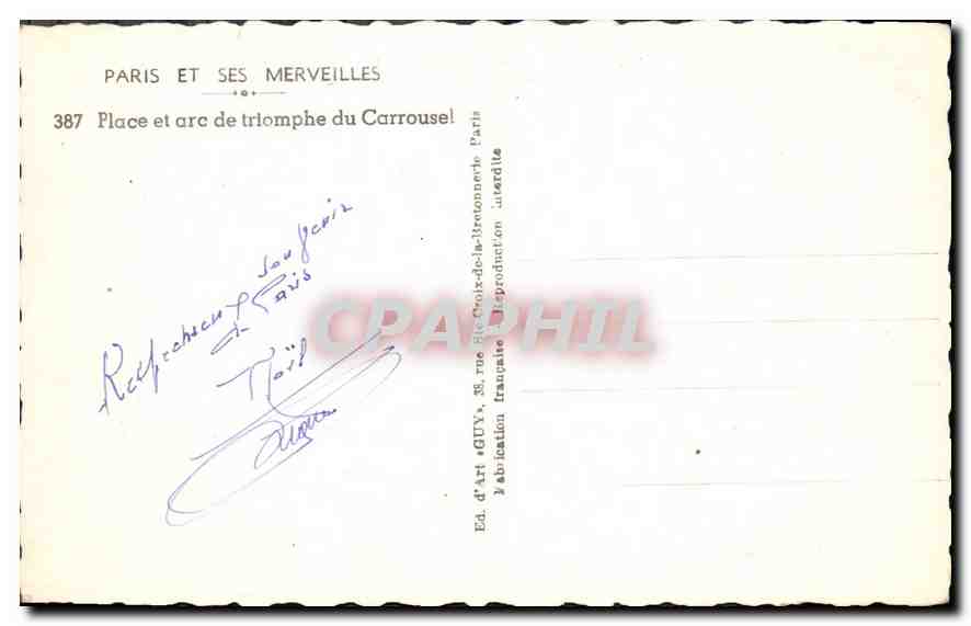 CPA Paris et ses Merveilles Place et Arc de triomphe du Carrousel  — Rückseite