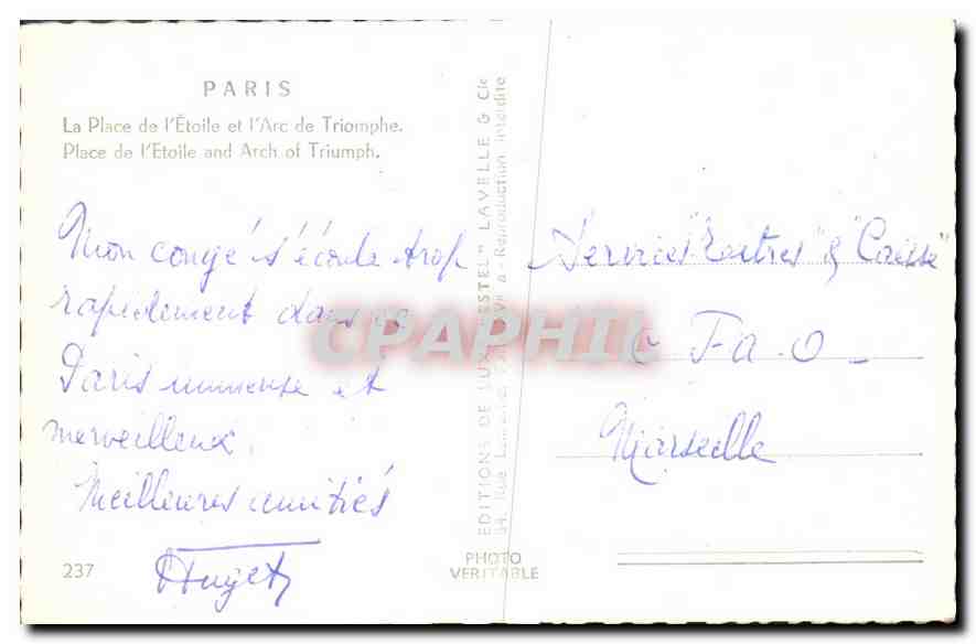 CPA Paris La Place de l'Etoile et L'Arc de Triomphe  — Rückseite