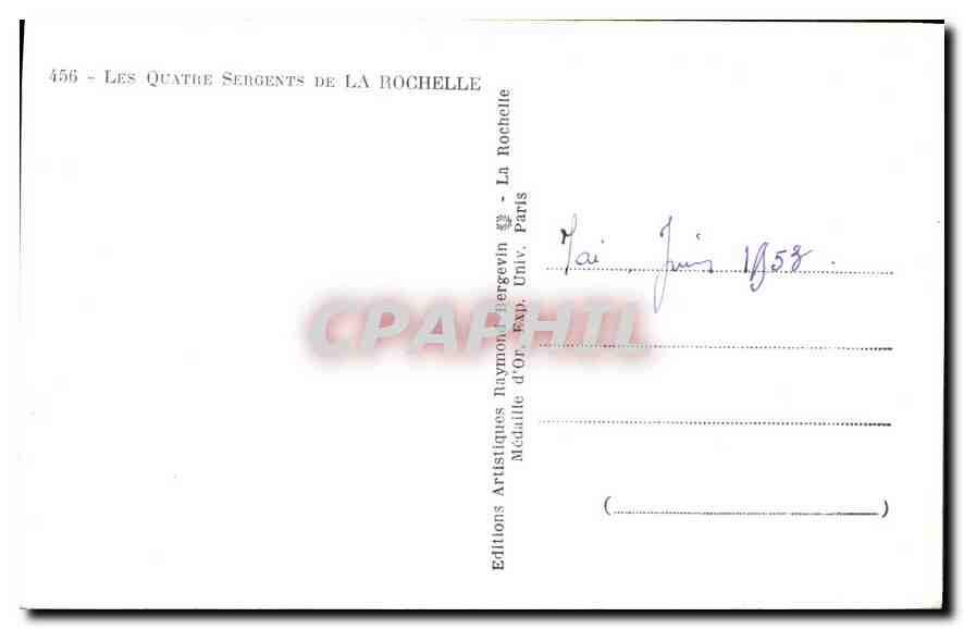 CPM Les Quatre Sergents de la Rochelle Bories Francois Raoulx Charles Goubin Charles Pommier Jean  — Verso