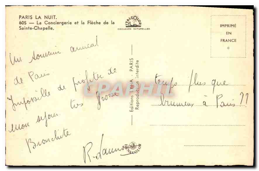 Paris la Nuit — La Conciergerie et la Flèche de la Sainte-Chapelle — Éditions TIVA — Rückseite