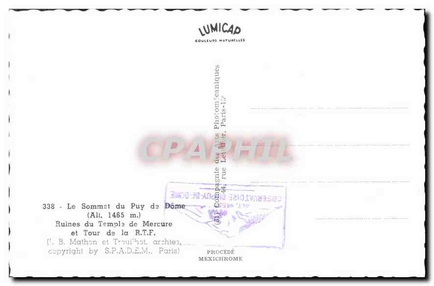 CPM Le Sommet du Puy de dome Ruines du Temple de Mercure et Tour de la RTF J B Mathon et Trouilhot a — Verso