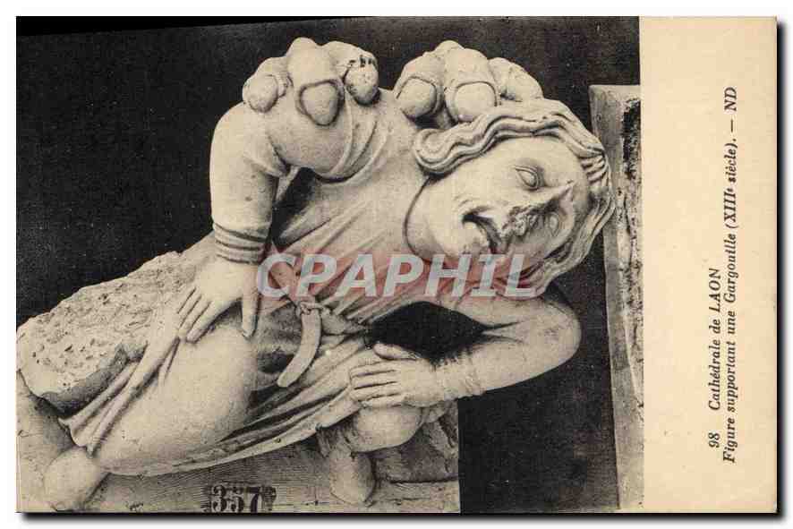 Cathédrale de Laon — Figure supportant une gargouille (XIIIe siècle) — CPAPHIL n°98