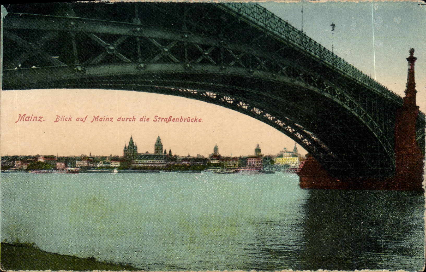 Mainz — vue de la ville à travers la Straßenbrücke — éditeur Ludwig Feist, Mainz