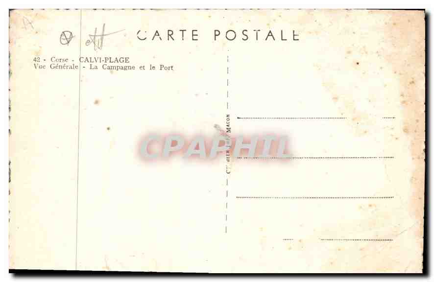 Calvi-Plage — Vue Générale — La Campagne et le Port — C. MÉTIER & MACON — Verso