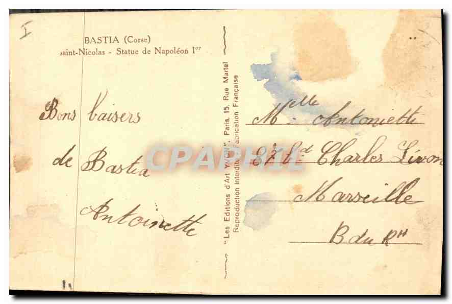 CPA Bastia Corse Saint Nicolas Statue de Napoleon I  — Back