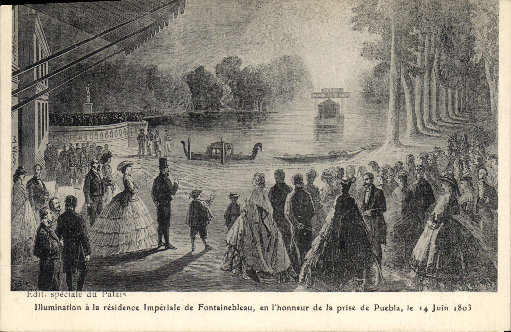 Illuminatie aan de Imperiale residentie van Fontainebleau, in ere van de verovering van Puebla, 14 juni 1863 — Speciale uitgave van het Paleis