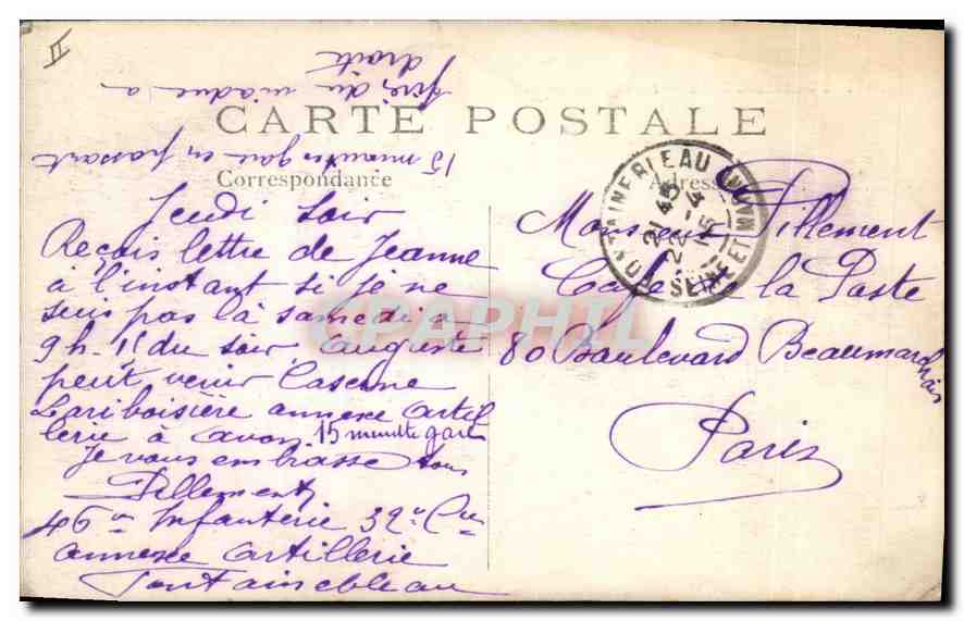 Fontainebleau — La Façade du Collège Carnot — CPA n°182 — Verso