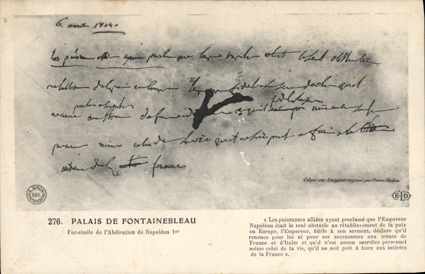 Palais de Fontainebleau — Fac-simile de l'Abdication de Napoléon 1er — Siron Éditeur, n°276