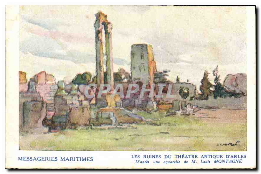 Les ruines du théâtre antique d'Arles — d'après une aquarelle de M. Louis Montagné — Messageries Maritimes