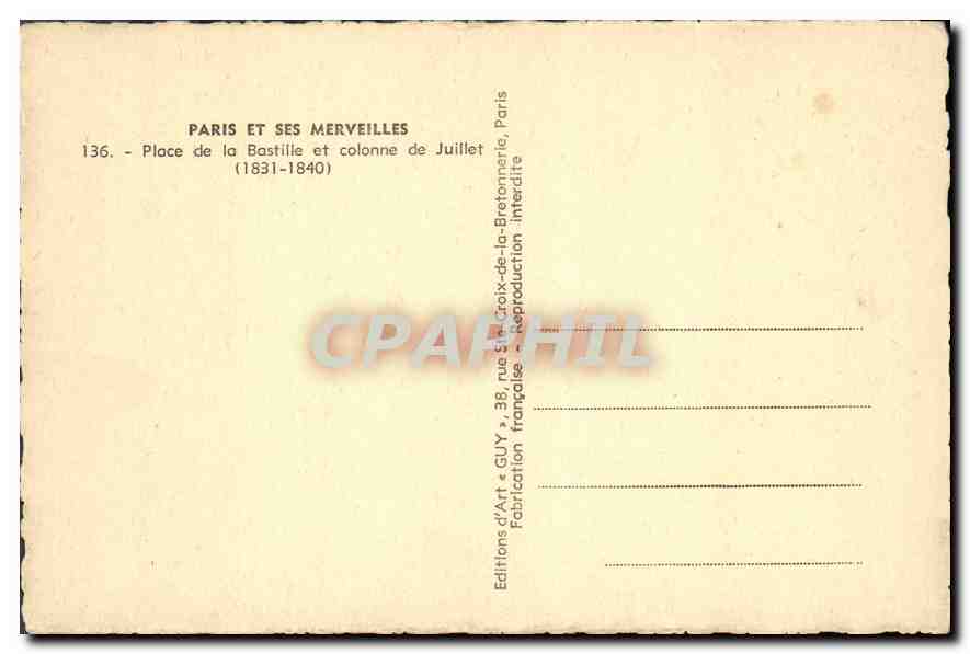 CPA Place de la Bastille et colonne de Juillet  — Rückseite
