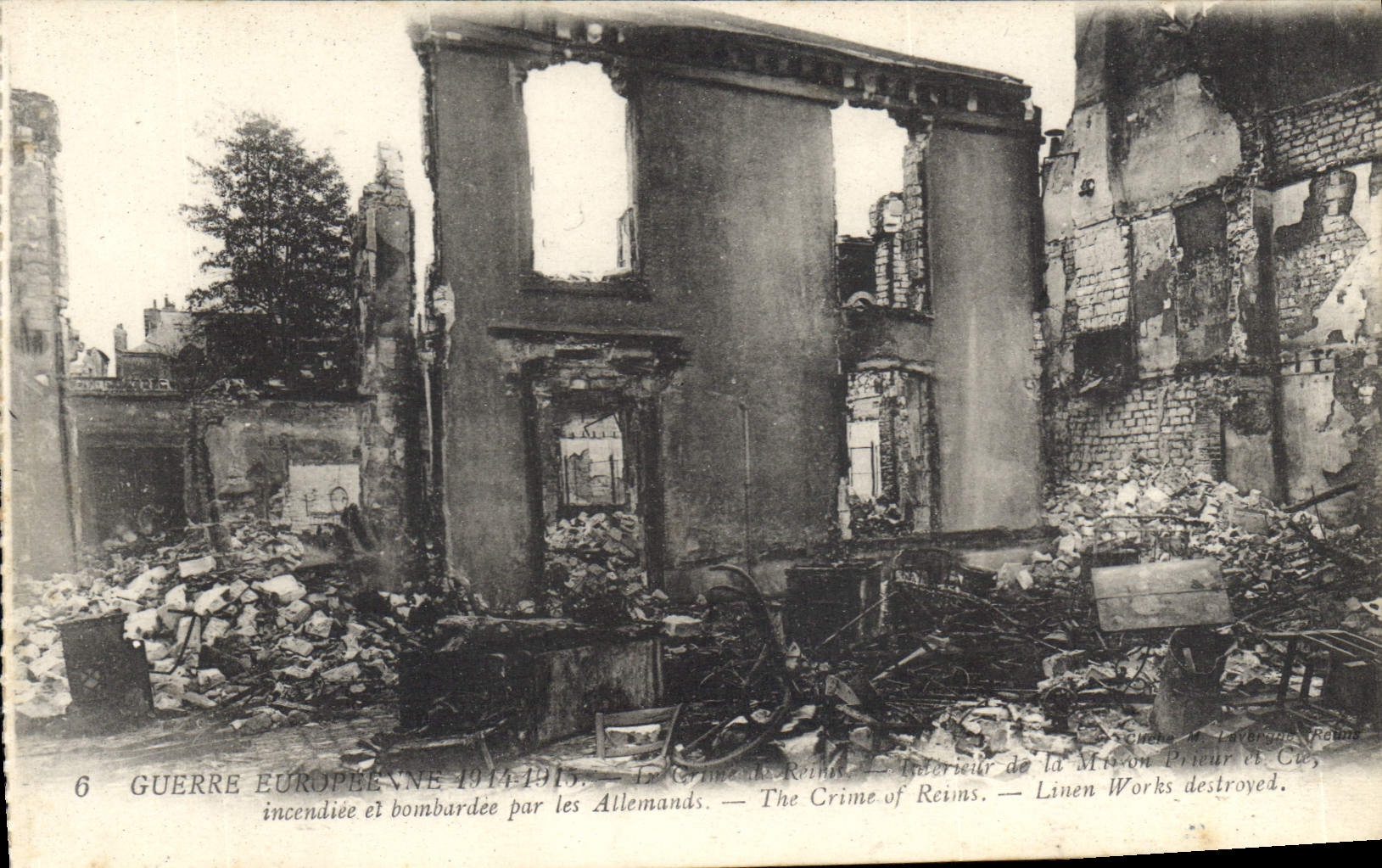 Ruines de Reims — Usine de la Maison Prieur et Cie incendiée et bombardée — Éditeur : Chèvre & Laveur, Reims, n°6