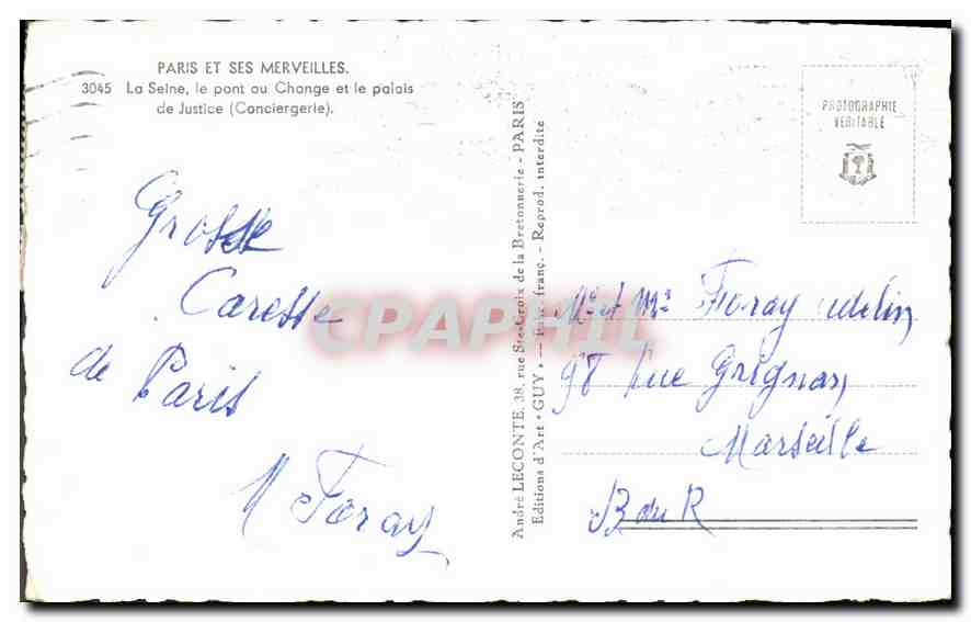 CPA Paris et ses Merveilles La Seine le pont au Change et le palais de Justice Conciergerie  — Rückseite